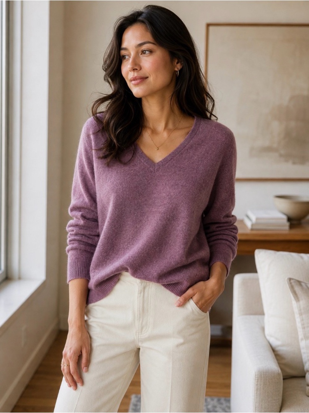 Tahari 100% Cashmere V-Neck Sweater – Mauve/Dusty Purple | Size L
